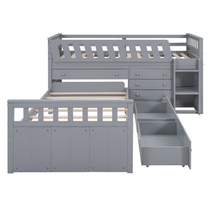 Loft Platform Bed With 7 Drawers And Full Guardrails, Modern L Shaped Space Savin