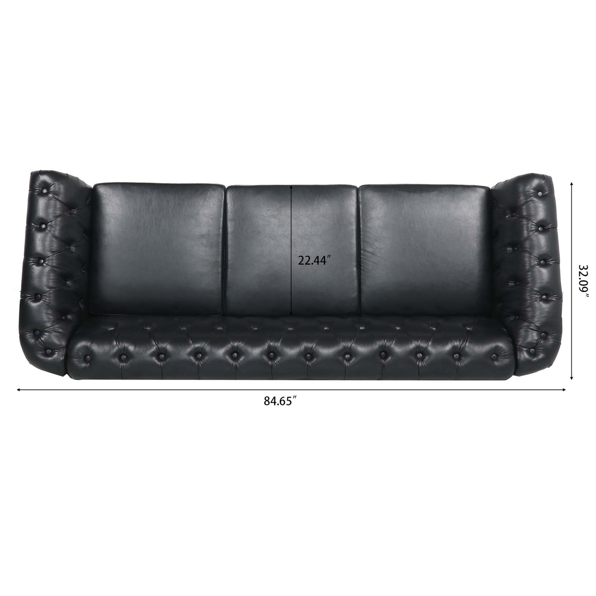 84.65' Black PU Rolled Arm Chesterfield Three Seater Sofa