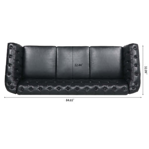 84.65' Black PU Rolled Arm Chesterfield Three Seater Sofa