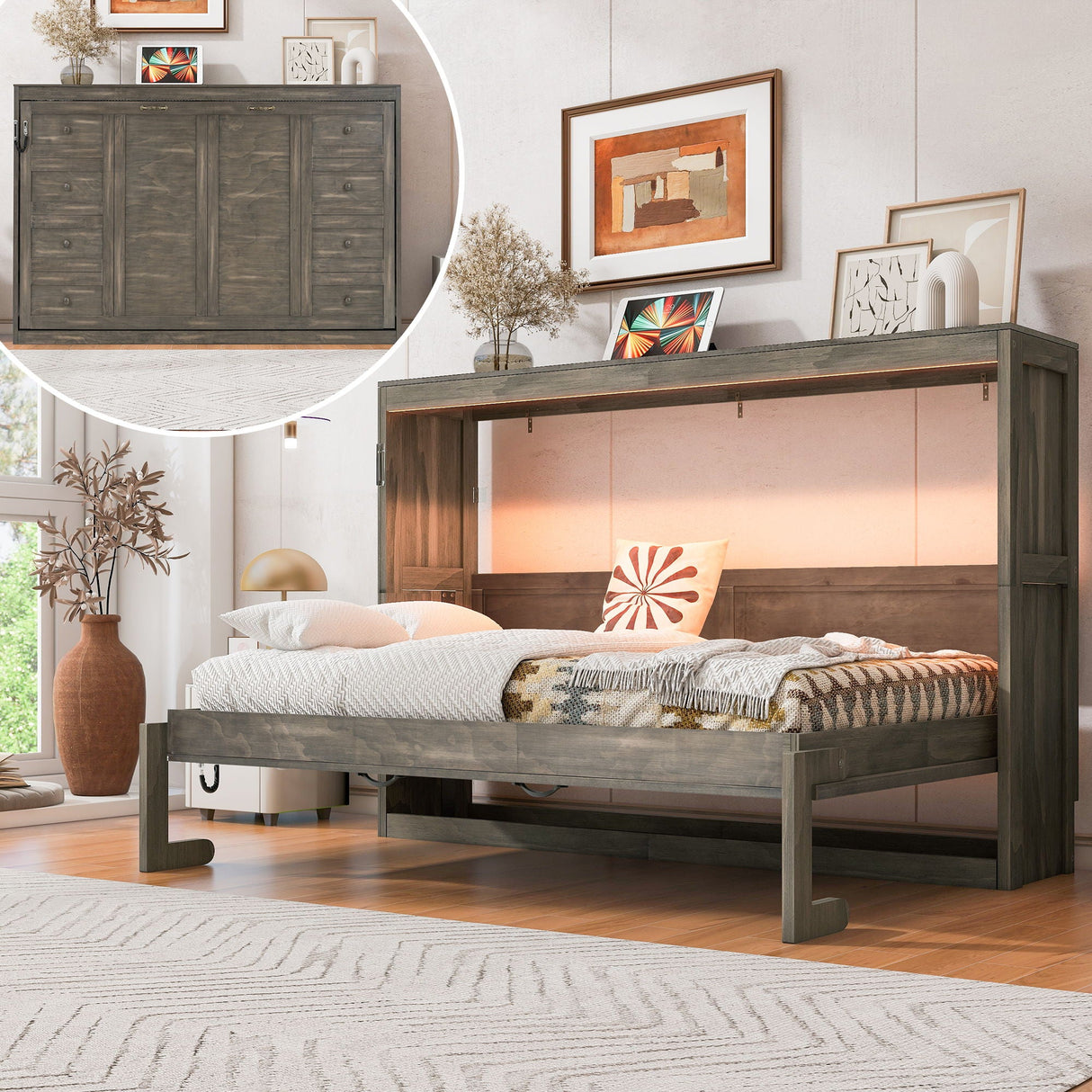 Murphy Bed With LED Light, Foldable Wall Bed Cabinet
