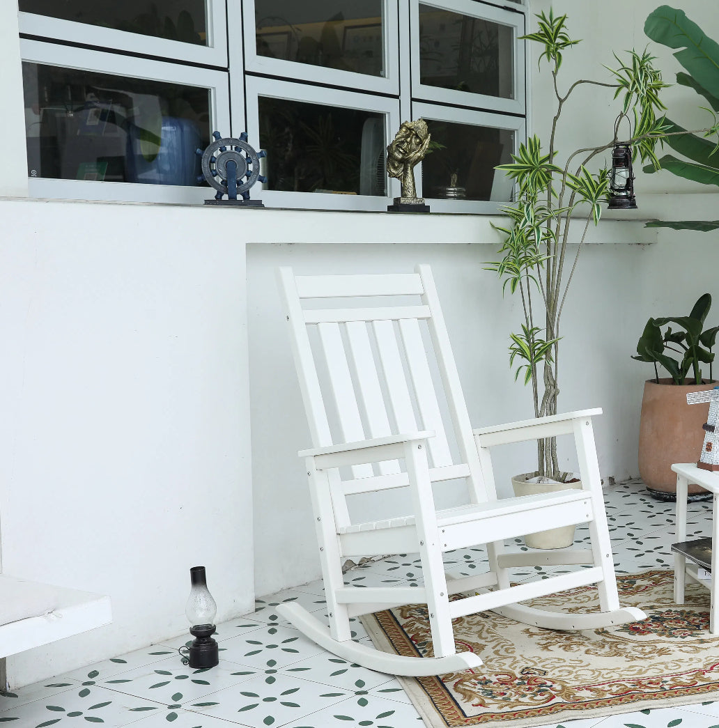 Oversized Rocking Chair with Wood-Texture, Outdoor Rocking Chair for Adults, All Weather Resistant Porch Rocker for Lawn Garden, White