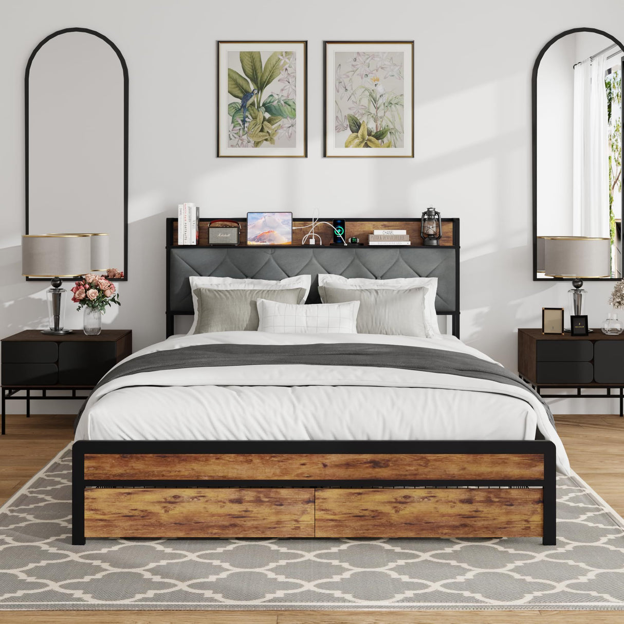 Queen Size Metal Platform Bed Frame with 2 Storage Drawers & LED Light, Velvet Button-Tufted Headboard with Outlet & USB Charging Port, Heavy Duty, Brown Wooden Panel, No Box Spring Needed