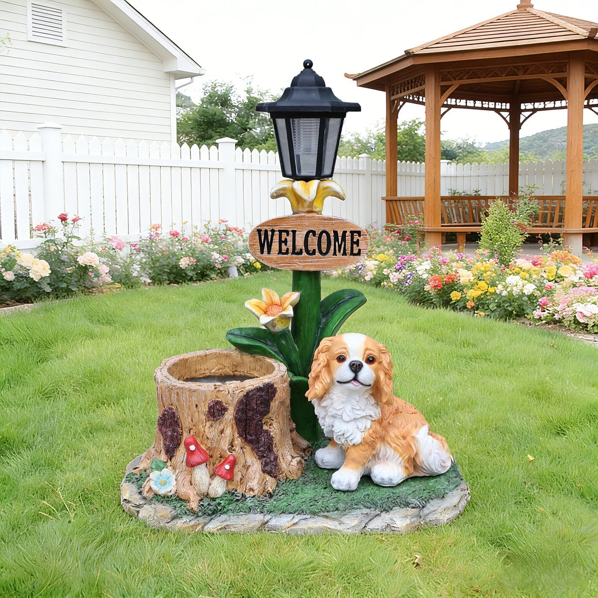 Sitting Dog Solar Lantern Planter Statue