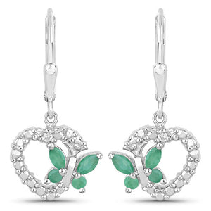 0.44 Carat Genuine Emerald and Created White Sapphire .925 Sterling Silver Earrings