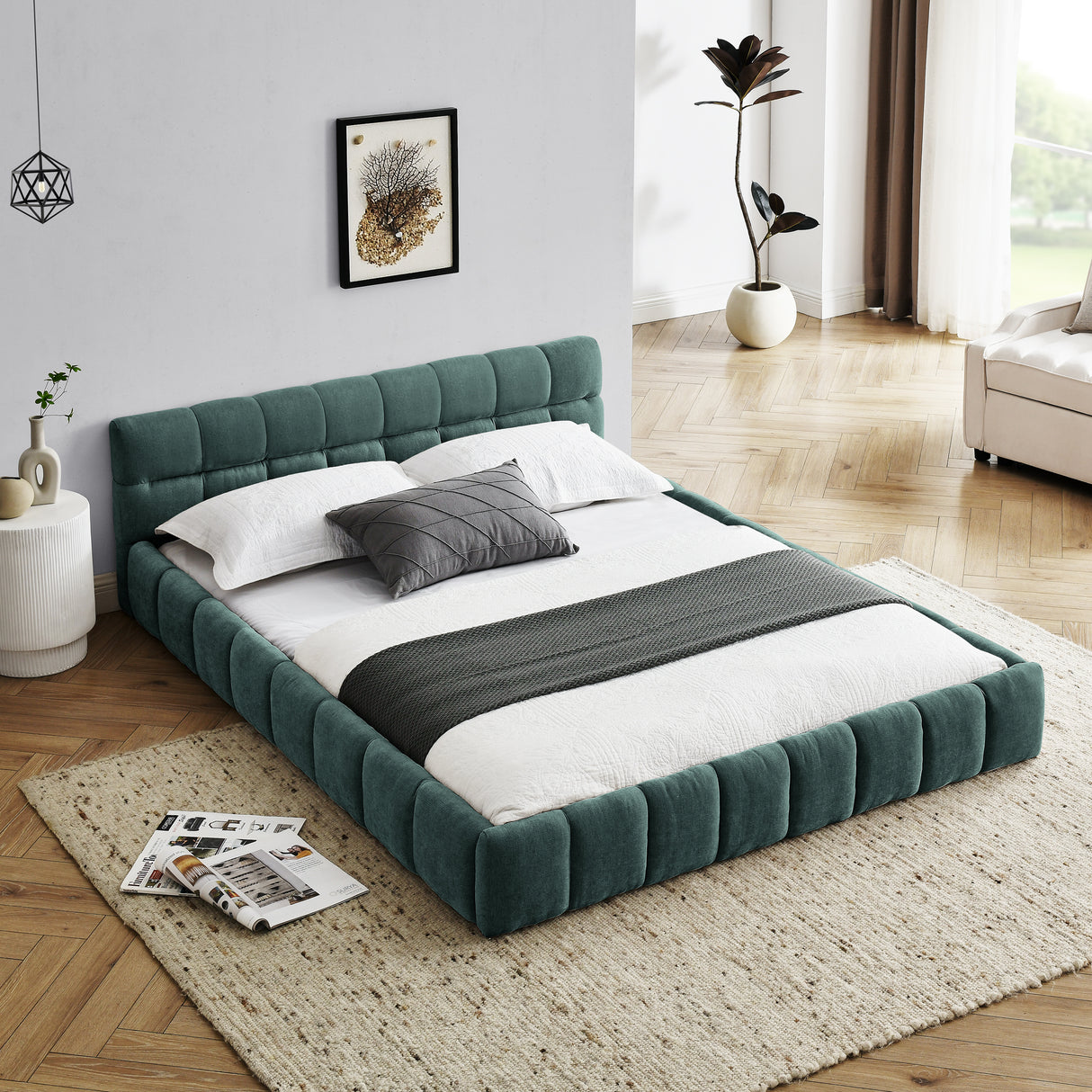 Queen Size Upholstered Bed Frame with Thick Fabric, Chenille Fabric Grounded Queen Size Platform Bed with Headboard and Solid Frame. No Box Spring Needed, GREEN(68''*86.5''*23.5'')