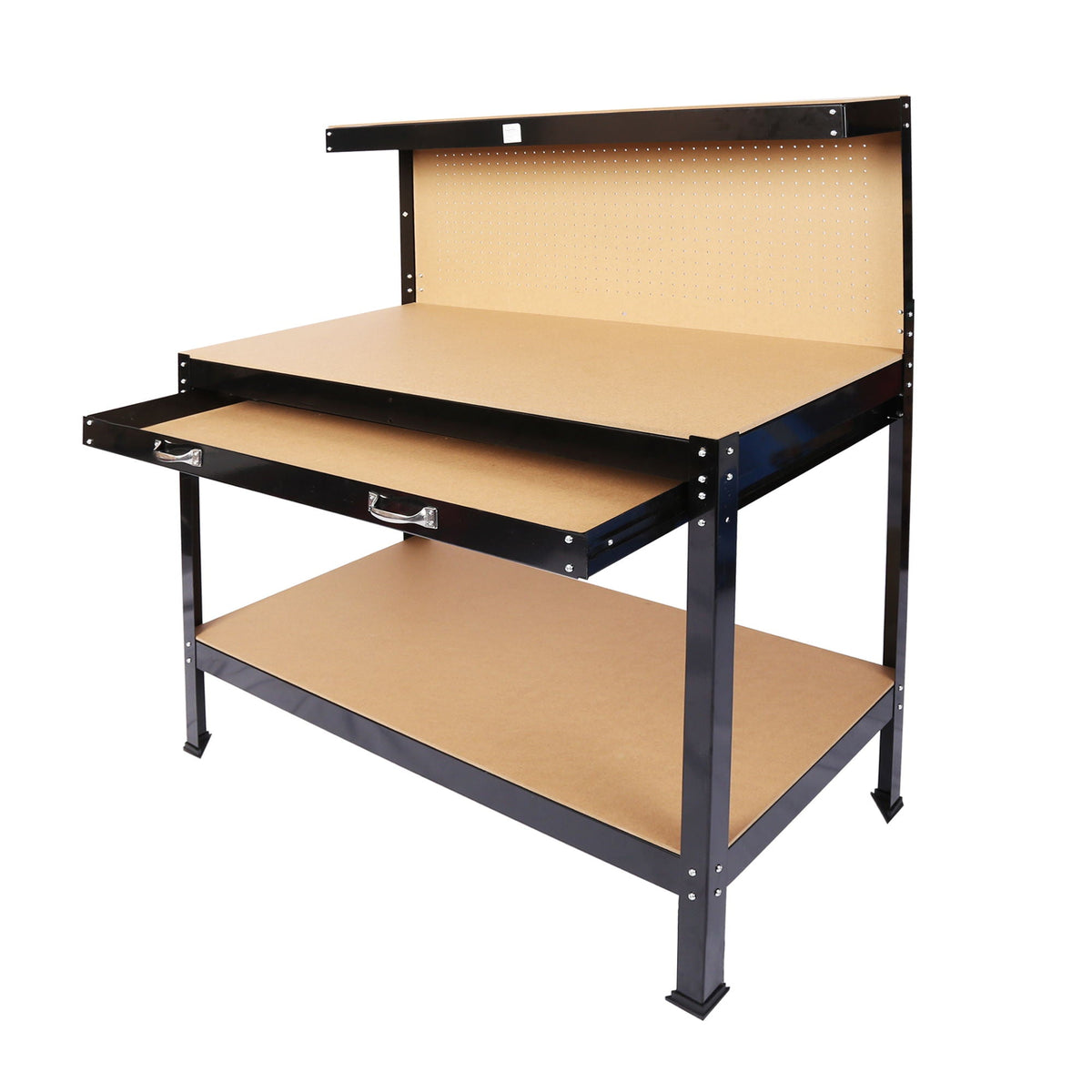 Wood Work Bench with Steel Frame - Black / Light Brown