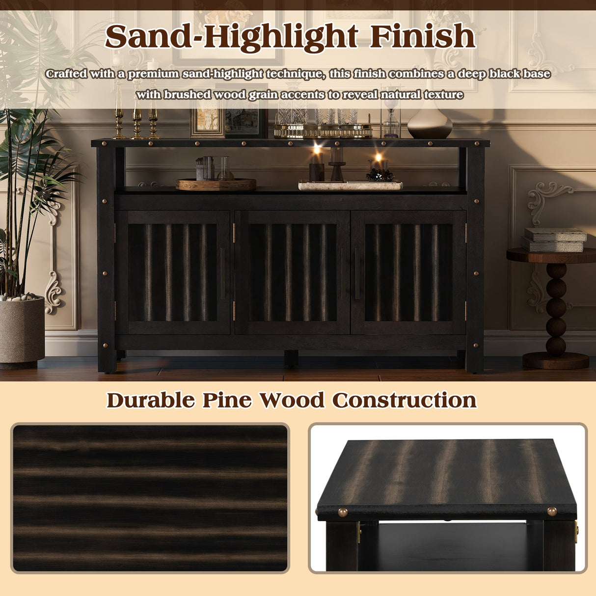 U_Styled 55.1'' Pine Wood Buffet Cabinet with 3-Door Storage