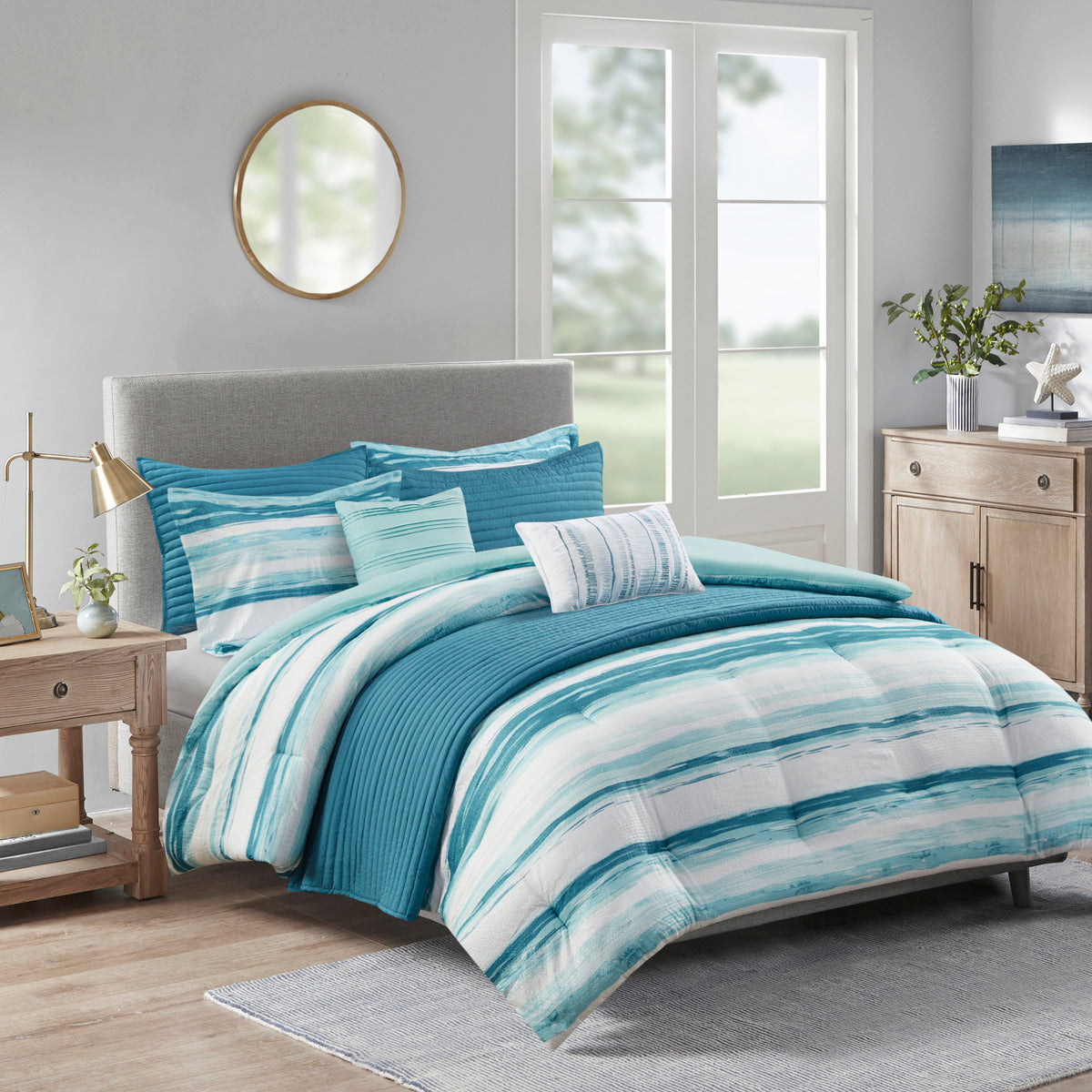 8 Piece Printed Seersucker Comforter and Quilt Set Collection Aqua King/Cal King