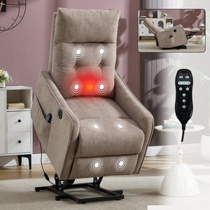 Khaki Chenille Power Lift Recliner Chair with Massage and Heat