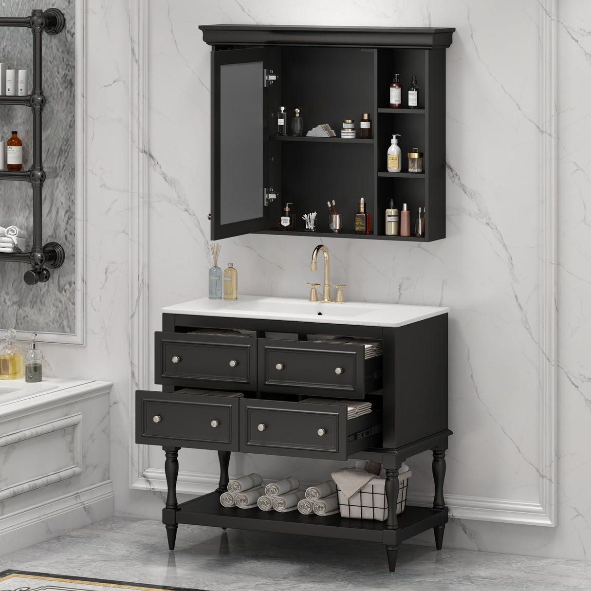 Bathroom Vanity with Medicine Cabinet, Storage Cabinet with 4 Drawers, Adjustable Shelf Mirror