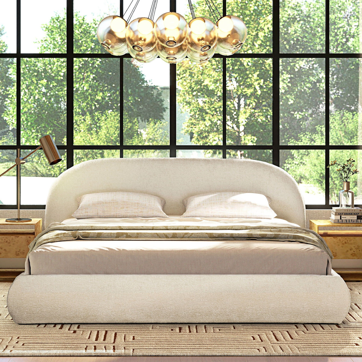 Archie Puffy Grounded Upholstered Platform Bed with Rounded Headboard - Green, White, Beige