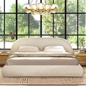 Archie Puffy Grounded Upholstered Platform Bed with Rounded Headboard - Green, White, Beige