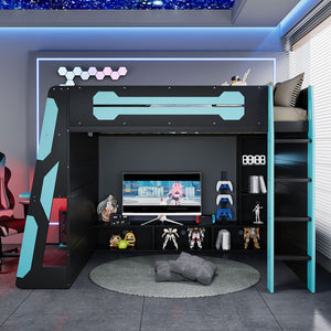 Full Size Wood Loft Bed with Desk, Multi-storage Shelves and RGB Light