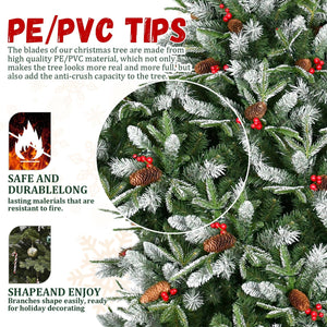 7.5-Foot Snow-Tipped Woodland Christmas Tree with Berries and Pine Cones - Green/White