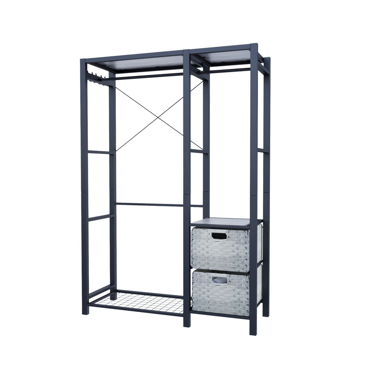 Garment Rack With Shelves, 2 Wicker Drawers, 4 Hooks, Organizer