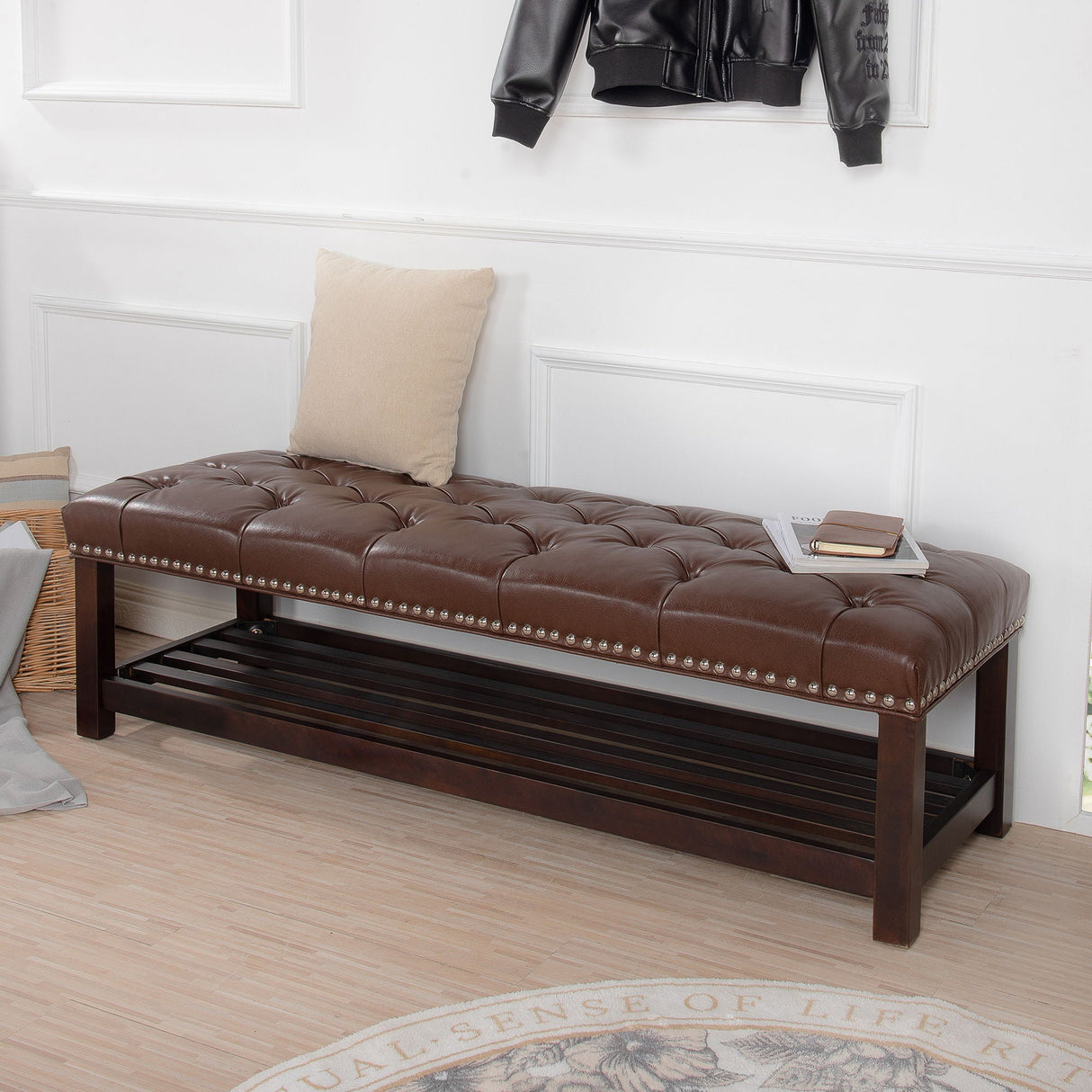 Bedroom End Of Bed Bench Tufted Upholstered End Of Bed Bench End Of Bed Entrance Shoe Bench With Nailhead Trim And Shelf Bedroom Upholstered Bench Living Room Shoe Rack Footstool
