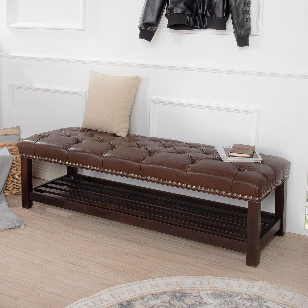 Bedroom End Of Bed Bench Tufted Upholstered End Of Bed Bench End Of Bed Entrance Shoe Bench With Nailhead Trim And Shelf Bedroom Upholstered Bench Living Room Shoe Rack Footstool