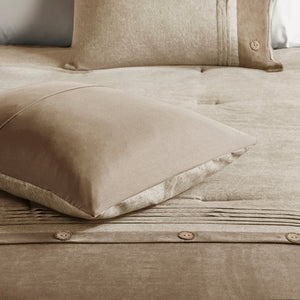 Tan Faux Suede King Comforter Set with Hypoallergenic Filling - 7 Piece