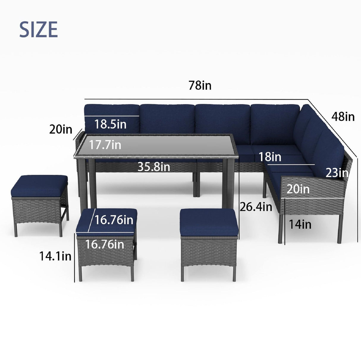 7 Piece Outdoor Furniture Set with Waterproof Cushions and Glass Table - Blue