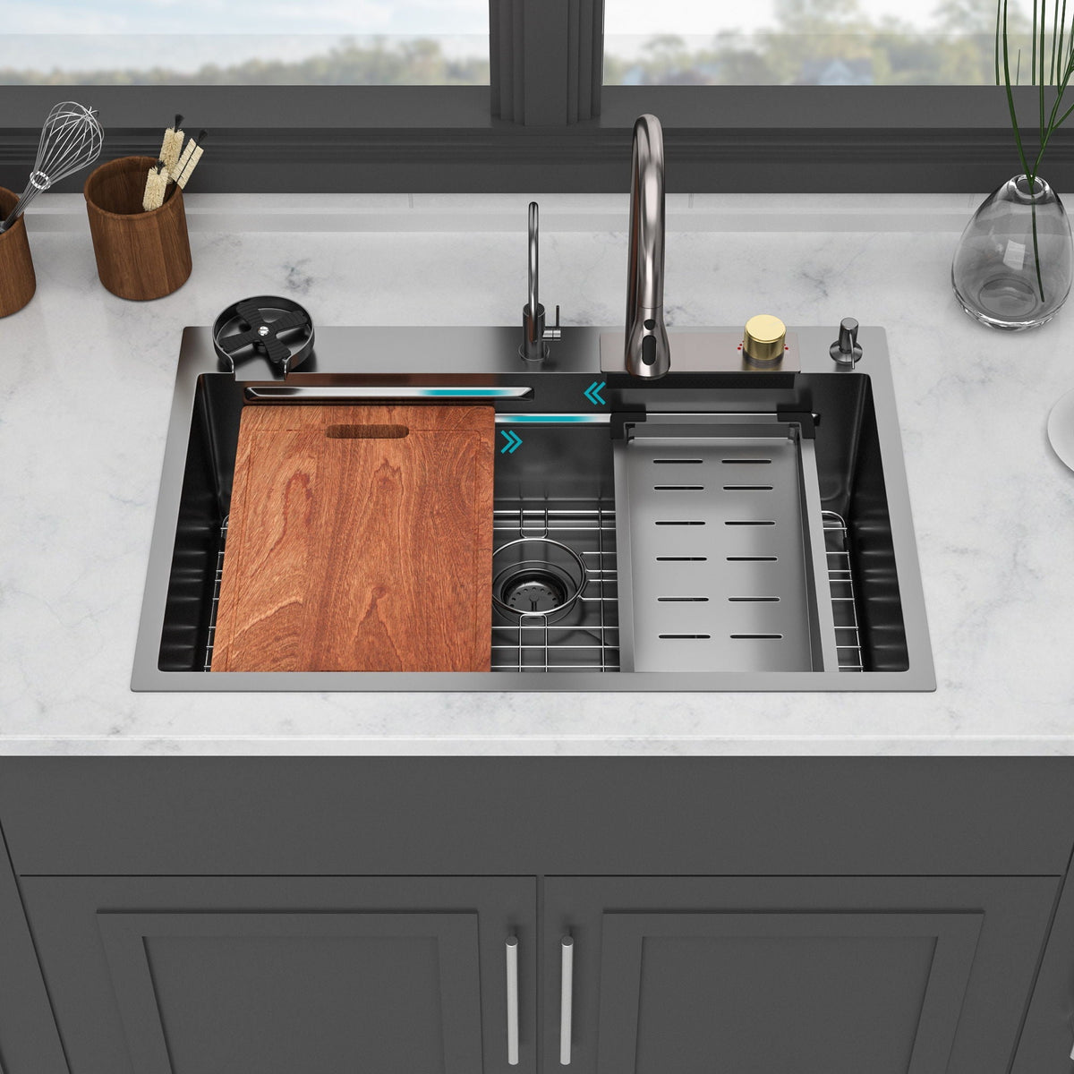 Waterfall Kitchen Sink With Pull Out Faucet & Cup Washer