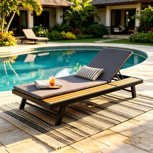 Black Iron + Teak Finish Outdoor Chaise Lounge Set