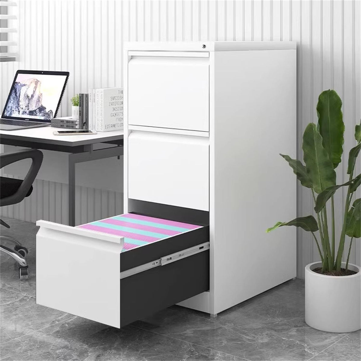 Durable Metal 3 Drawer File Cabinet With Lock For Office Storage
