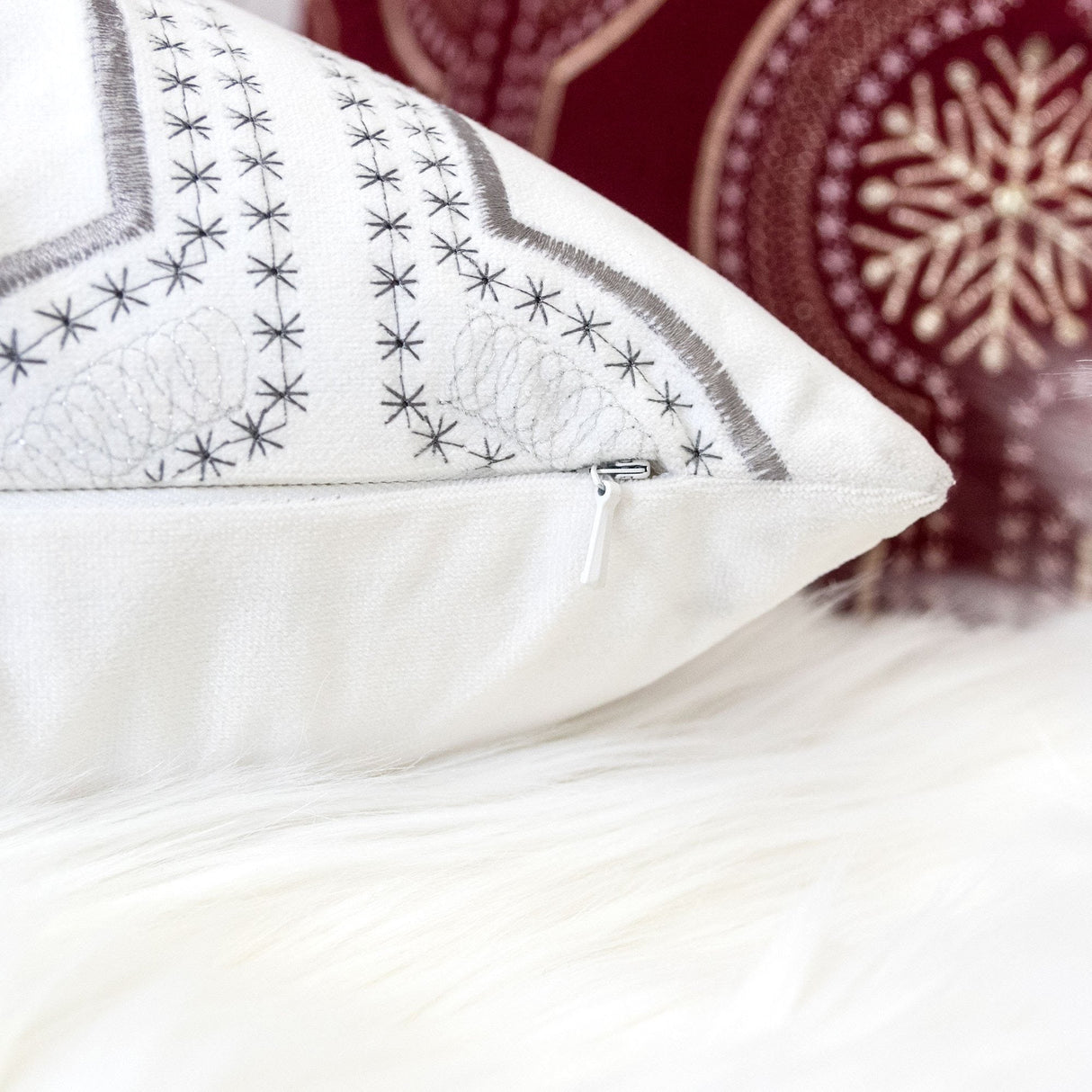 White Holiday Embroidered Velvet Throw Pillow with Insert 20x20 Set of 2