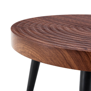 Modern Round Coffee Table - Walnut Pattern MDF And Black Metal Legs