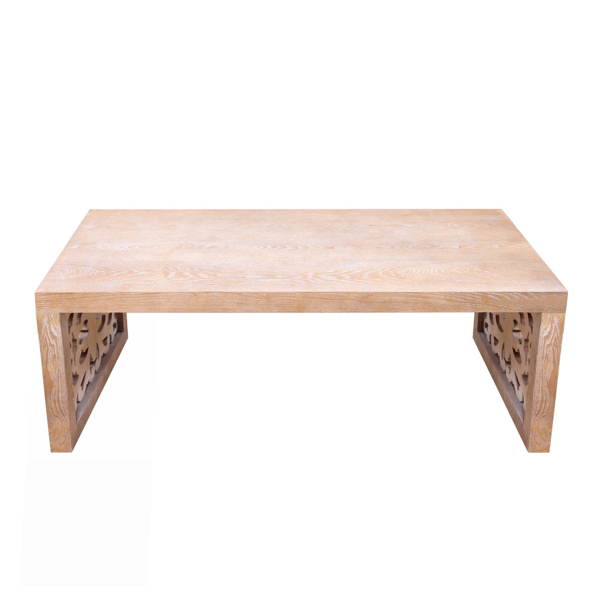 47.2 Rustic Carved Wood Coffee Table – Handcrafted Look with Ornate Side Panels