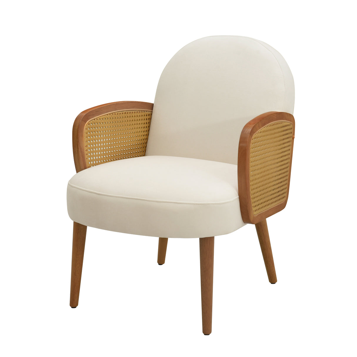 Mid-century Accent Chair with Rattan Armrests, Velvet Upholstery & Wooden Legs
