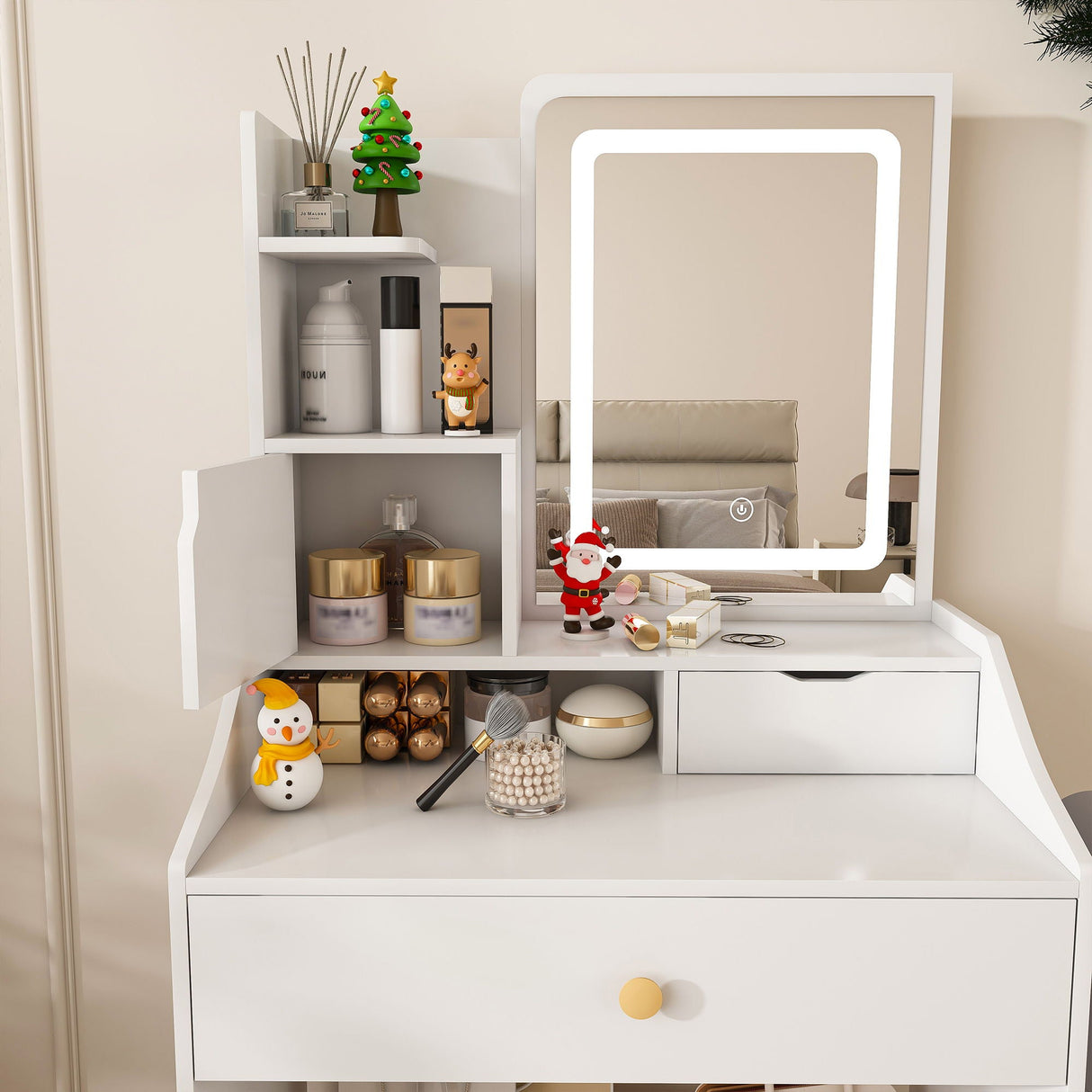 3 Color LED Vanity Mirror With Stool, Dressing Table For Bedroom, 2 Drawers & 5 Storage Cabinets (4 Open + 1 Hidden), Adjustable Lighting - White