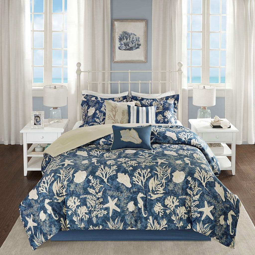 7 Piece Cotton Sateen Comforter Set Blue California King