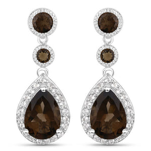 7.34 Carat Genuine Smoky Quartz and White Topaz .925 Sterling Silver Earrings