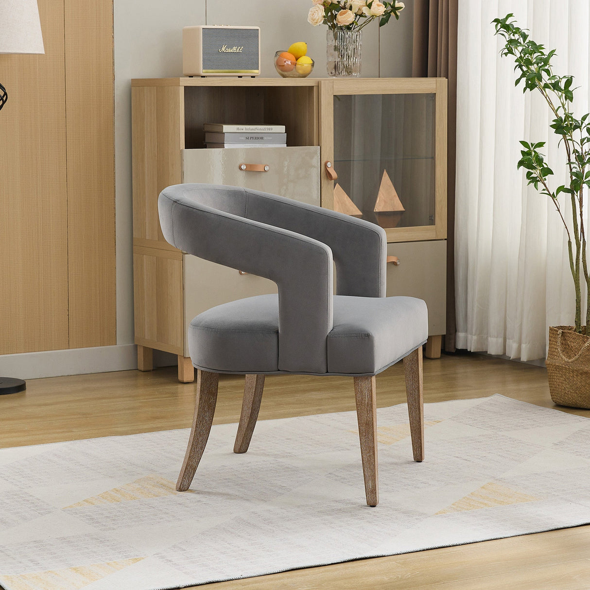 Modern Barrel Open Back Upholstered Accent Chair with Weathered Solid Wood Legs
