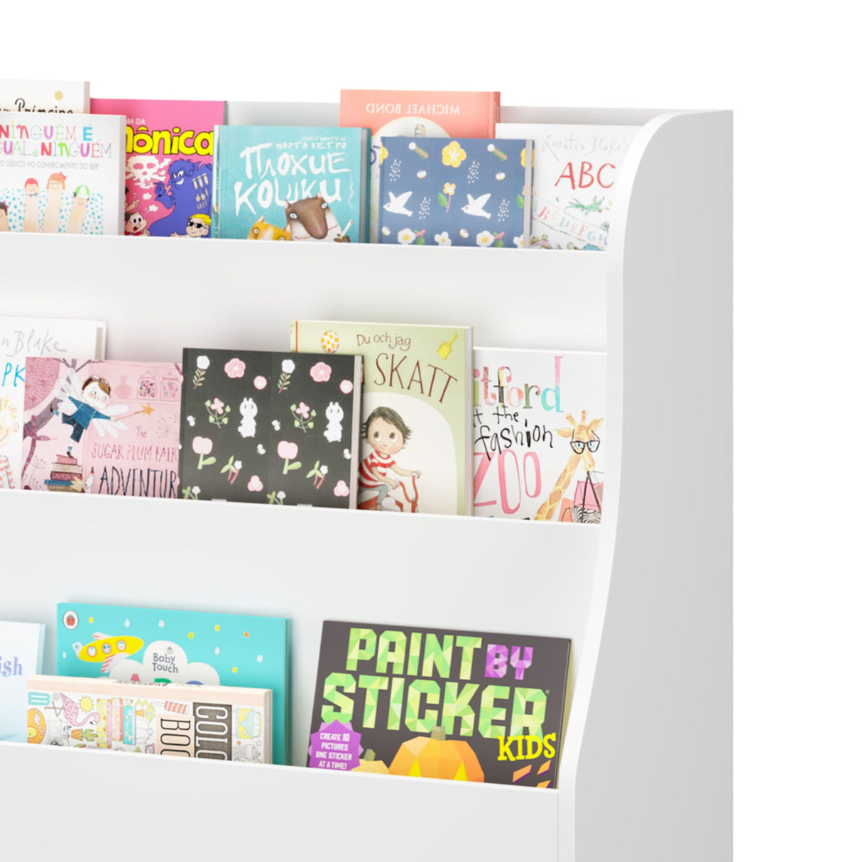 Bookshelf With 3 Storage Bins, Book Display Organizer, Front Facing Book Rack - White