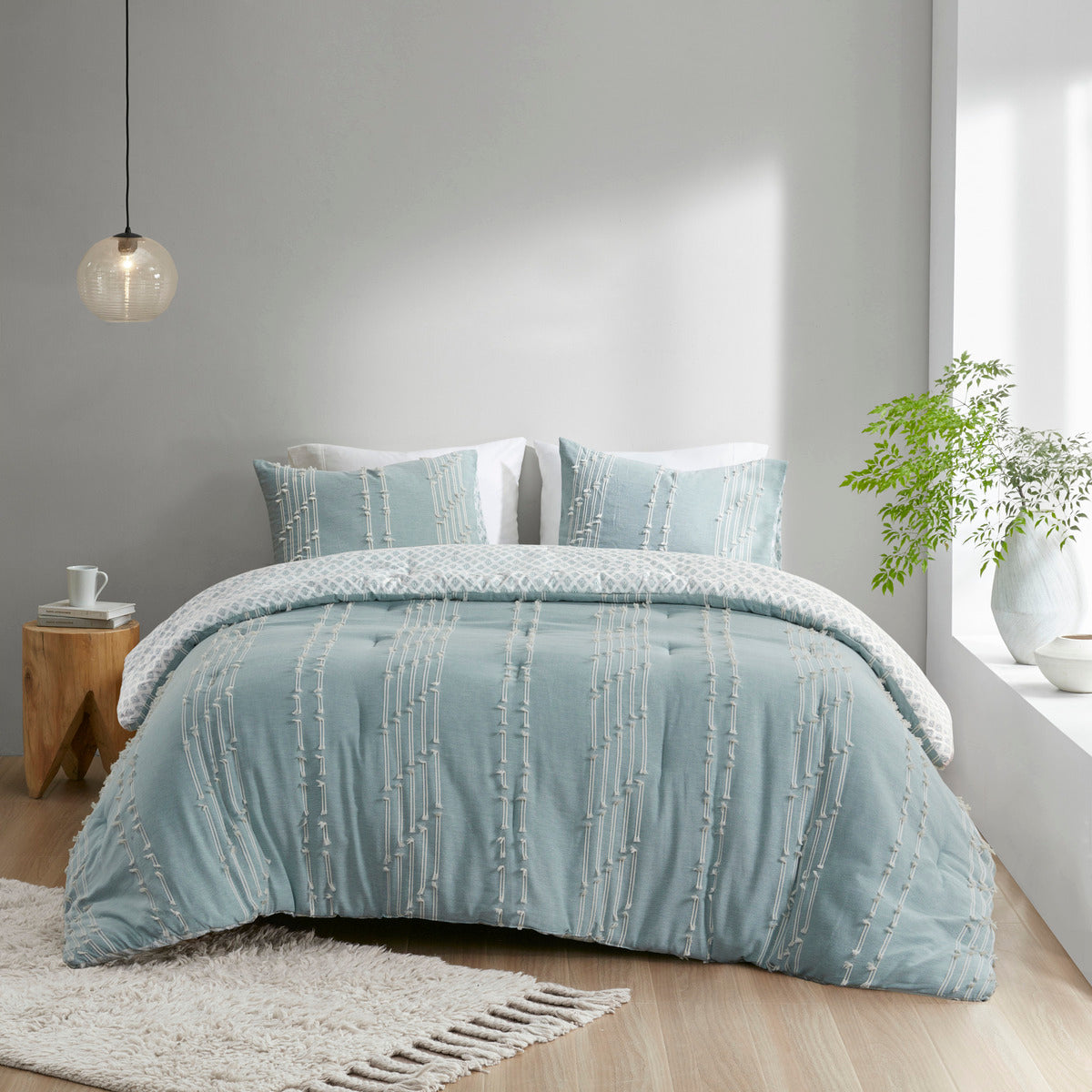 3 Piece Cotton Jacquard Comforter Set Aqua King/Cal King