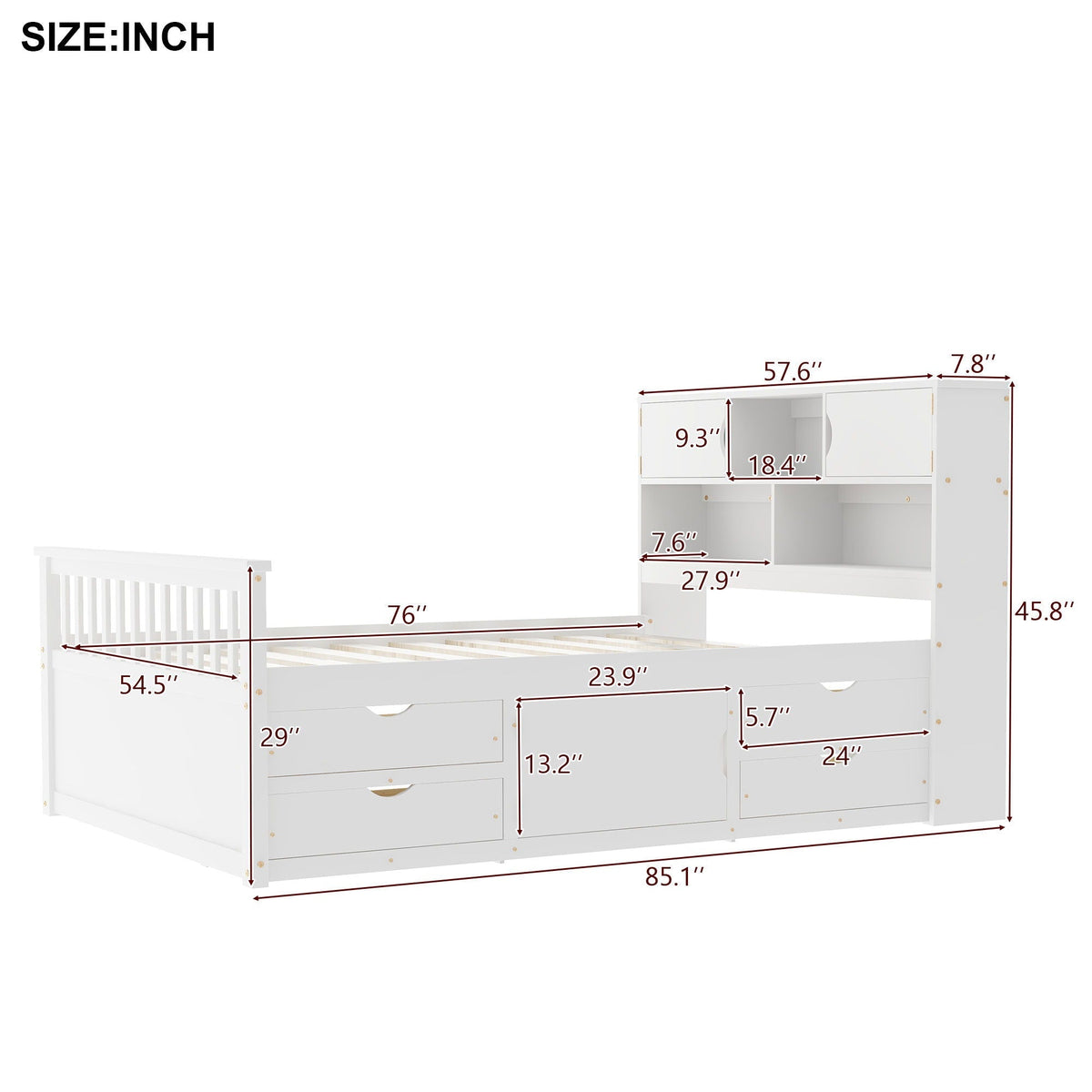Captain Platform Bed Frame With Bookcase Headboard, 4 Drawers, Storage Shelves