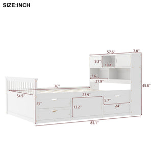 Captain Platform Bed Frame With Bookcase Headboard, 4 Drawers, Storage Shelves