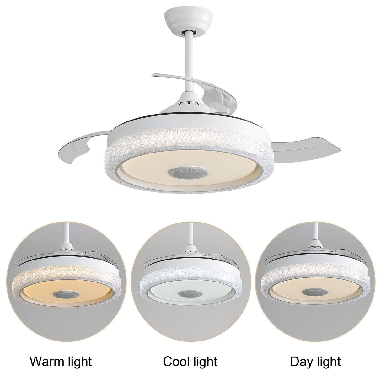 Invisible Ceiling Fan With Remote Control And 36W LED Light, 120V DC Motor, 3 Blades - White