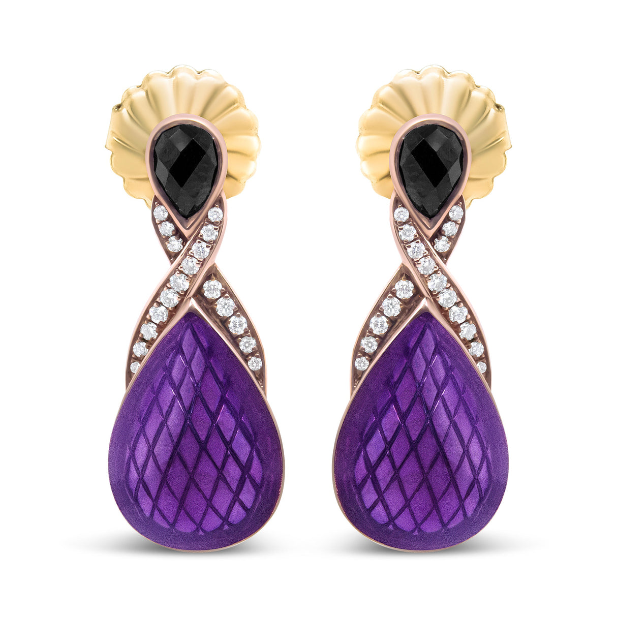 18K Rose Gold Flash Plated .925 Sterling Silver Purple Enamel 1/5 Cttw Round Pave-Set Diamond and 5.5 x 4mm Pear-Shaped Black Onyx Drop Earrings (F-G Color, VS1-VS2 Clarity)
