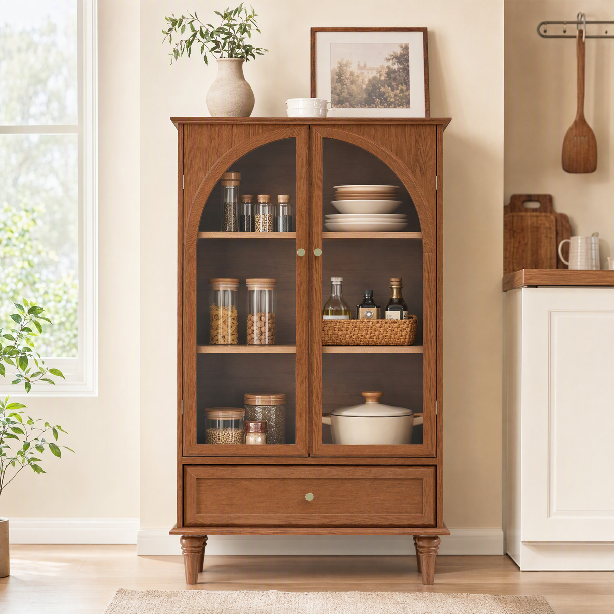 Vintage Farmhouse Arched Glass Accent Cabinet
