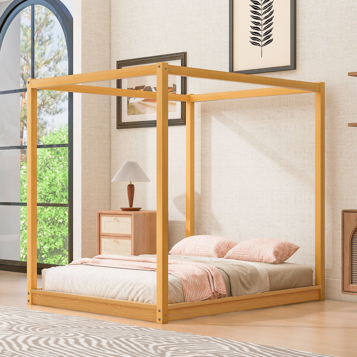 Wood Canopy Platform Bed With Support Legs And Airflow Slats