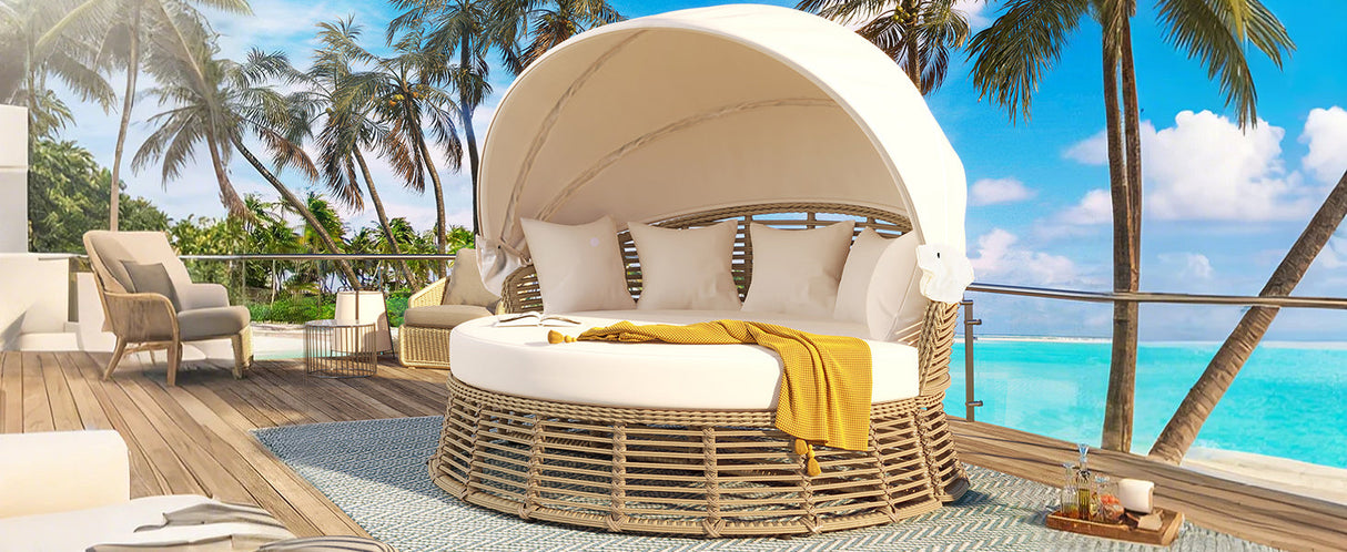 Outdoor Patio Rattan Round Daybed with Retractable Canopy