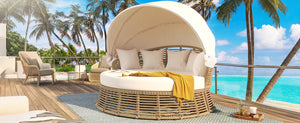 Outdoor Patio Rattan Round Daybed with Retractable Canopy