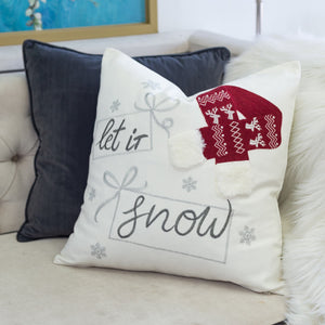 Let It Snow Christmas Throw Pillow 20x20 Cotton Cushion with Knit Hat