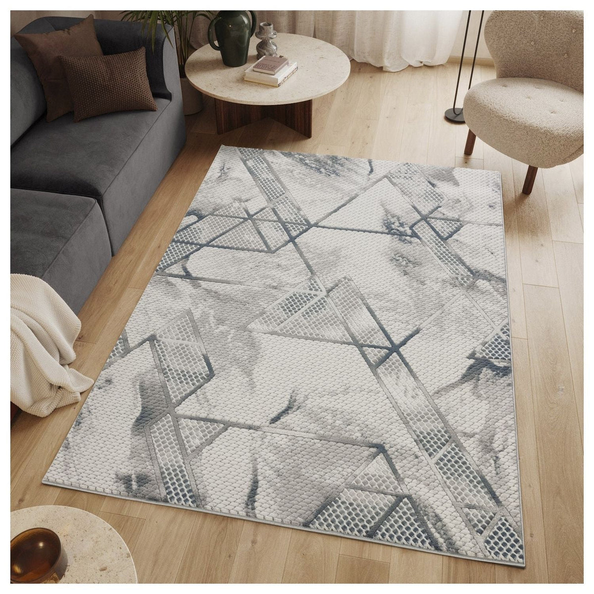 Geometric 3D Effect Area Rug with Contemporary Design - Ivory / Gray