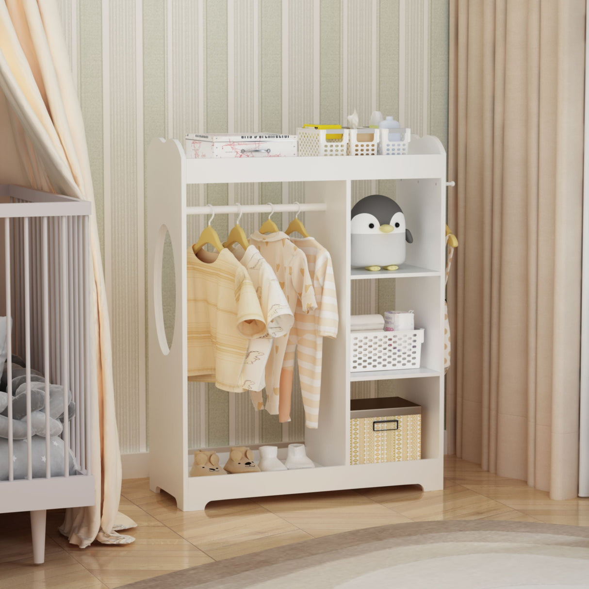 Dress Up Storage With Mirror And Hooks, Clothes Rack With Hanging Rod, 3 Side Hooks, Open Shelves, Top Shelf Organizer - White