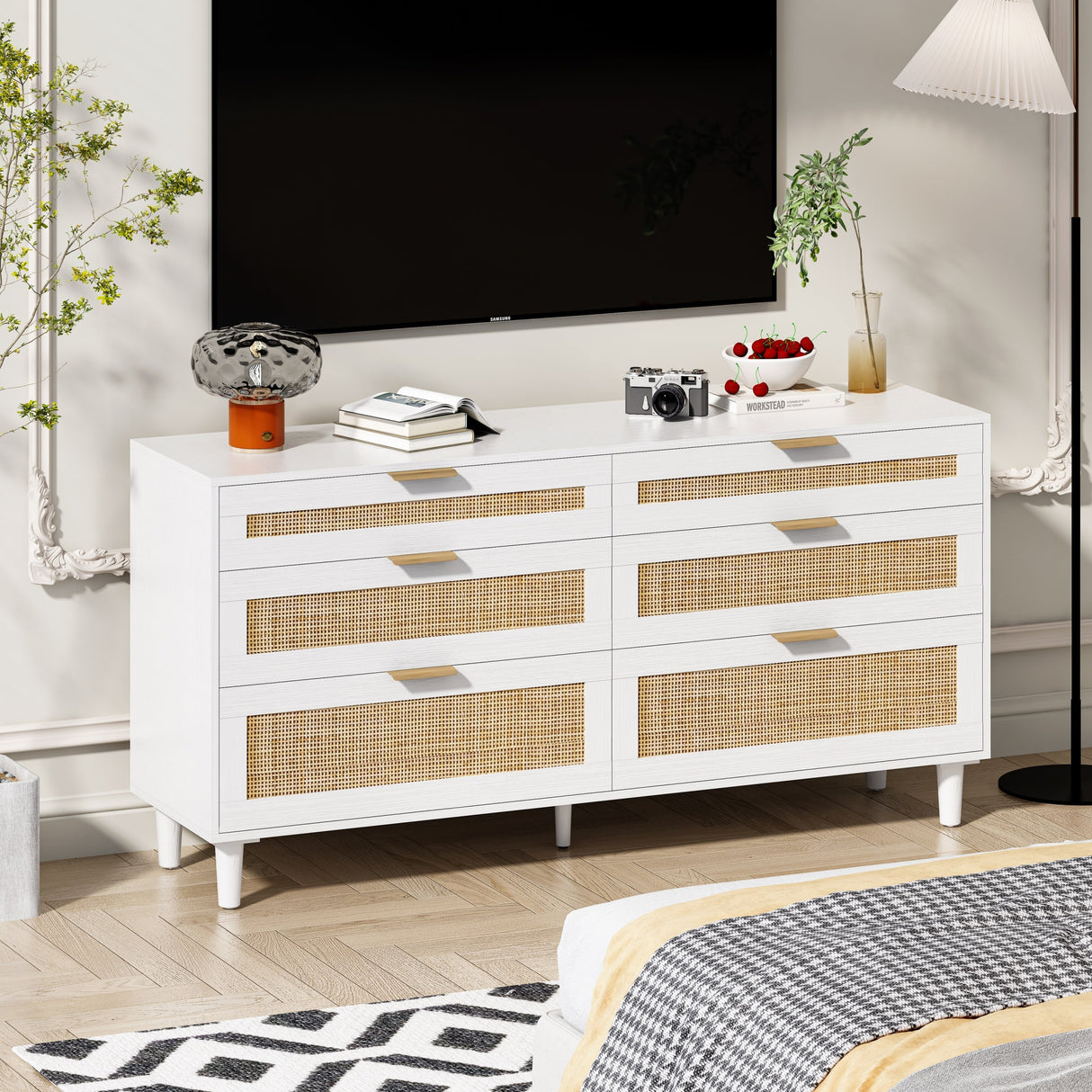 White Rattan Dresser with 6 Drawers, Metal Handles & Wood Legs