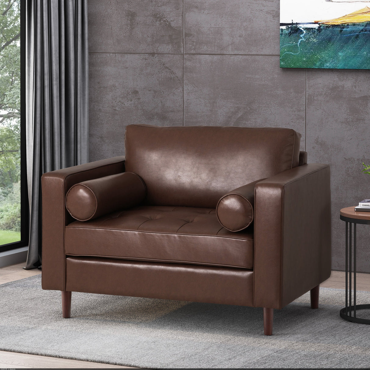 Sophisticated Club Chair with Relaxing Comfort in Dark Brown Faux Leather and Birch Wood