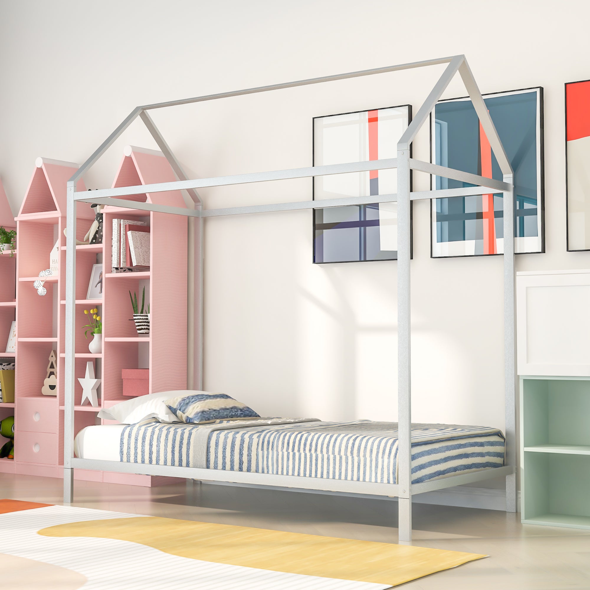 House-Bed-Frame-Twin-Size-,-Kids-Bed-Frame-Metal--Platform-Bed-Kids-Beds